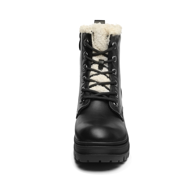 Flat Lace Up Ankle Combat Boots - BLACK FURRY - 4
