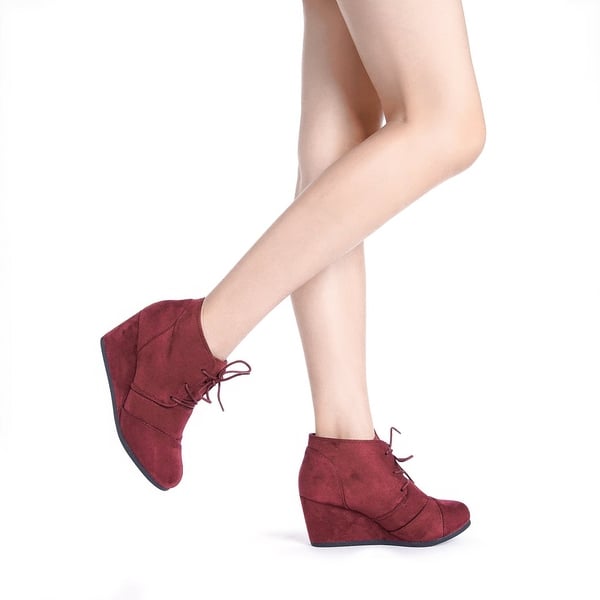 Lace Up Low Wedge Heel Ankle Boots - BURGUNDY - 2