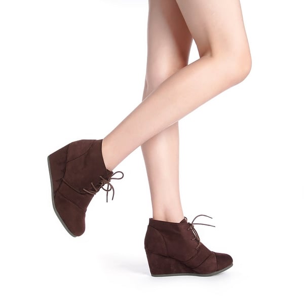 Lace Up Low Wedge Heel Ankle Boots - BROWN - 2