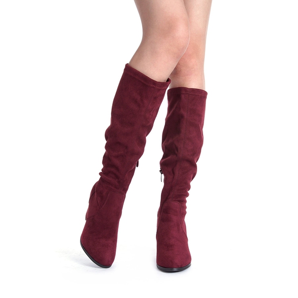 Round-Toe Chunky Heel Knee High Boots - BURGUNDY - 1