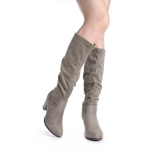 Round-Toe Chunky Heel Knee High Boots - KHAKI - 1