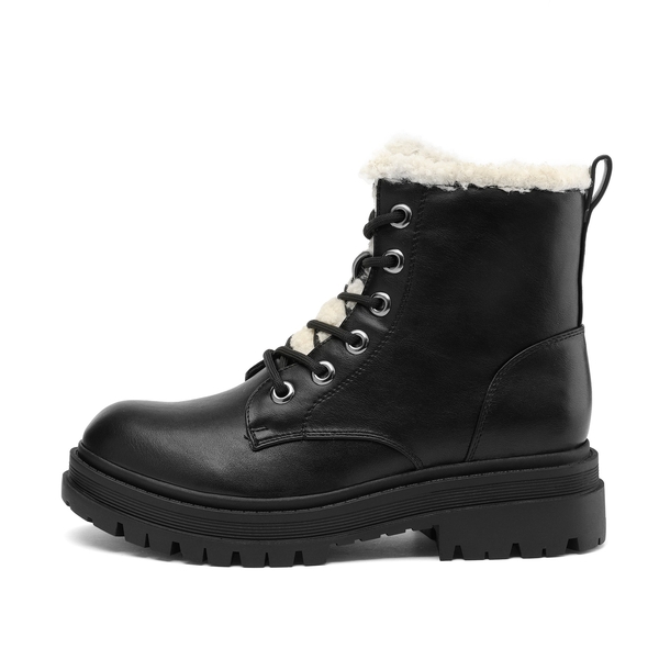 Flat Lace Up Ankle Combat Boots - BLACK FURRY - 1