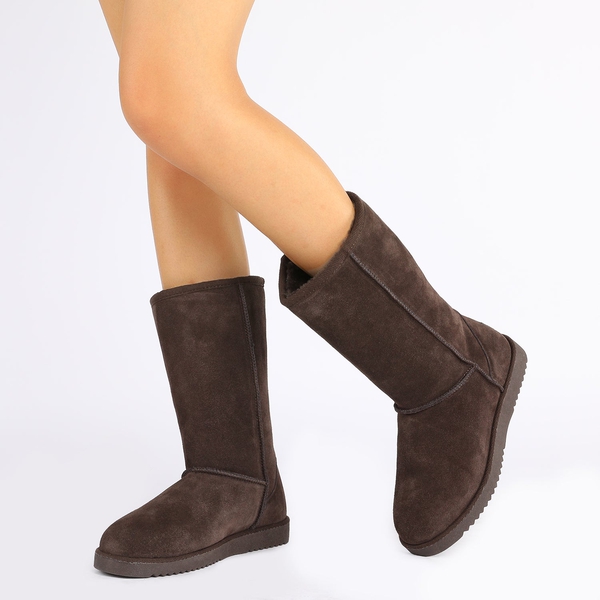 [FuzzyClassic High Boot] Suede Faux Fur Snow Boots - BROWN - 1