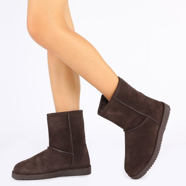 [FuzzyClassic Mid Boot] Suede Mid Calf Snow Boots - BROWN - 1