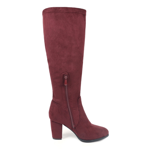 Round-Toe Chunky Heel Knee High Boots - BURGUNDY - 3