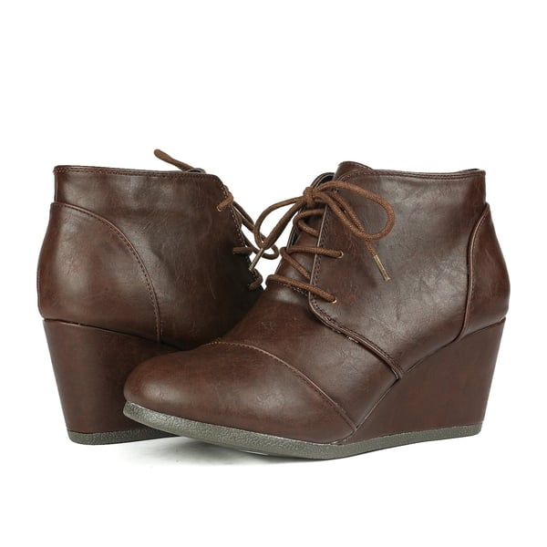 Lace Up Low Wedge Heel Ankle Boots - BROWN PU - 6