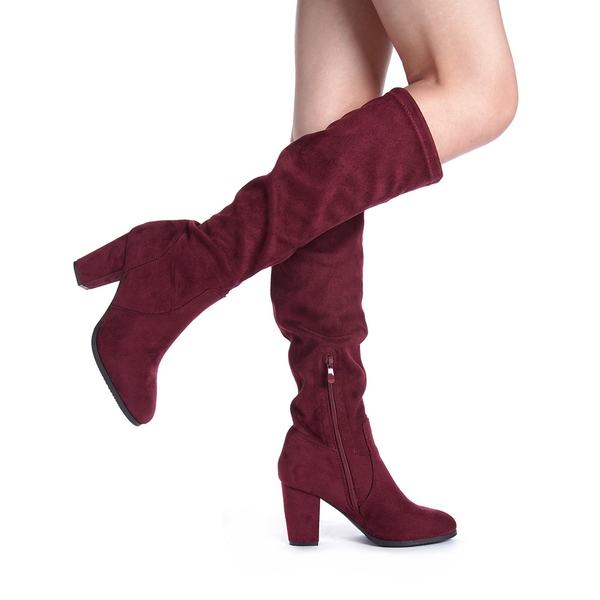 Round-Toe Chunky Heel Knee High Boots - BURGUNDY - 2
