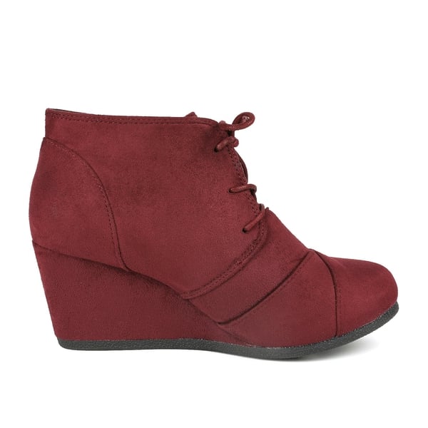 Lace Up Low Wedge Heel Ankle Boots - BURGUNDY - 3