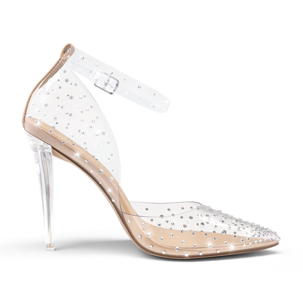Crystal Pointed Toe Rhinestone Clear Pumps - NUDE DIAMOND CLEAR - 2