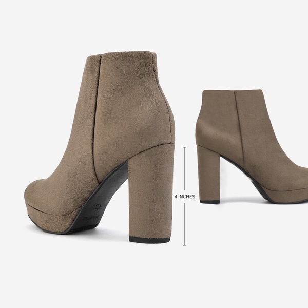 Round-Toe High Heel Chunky Ankle Boots - KHAKI - 3