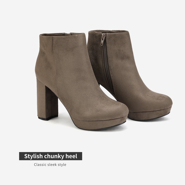 Round-Toe High Heel Chunky Ankle Boots - KHAKI - 4