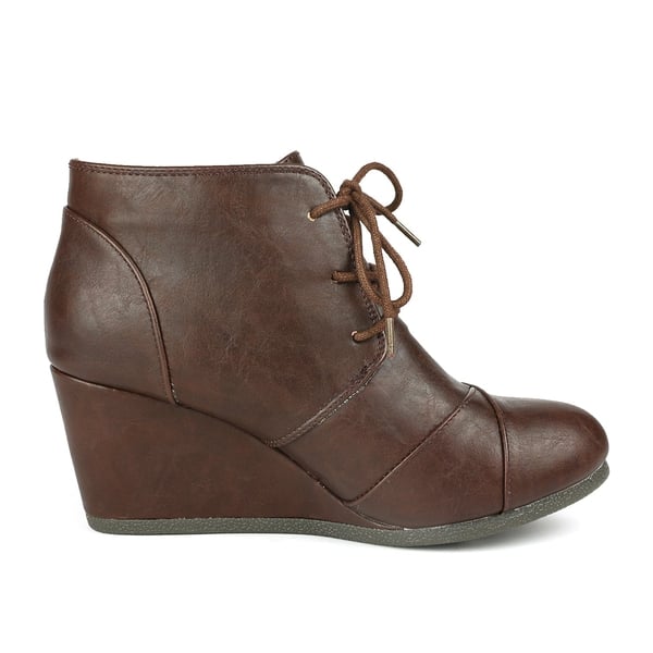 Lace Up Low Wedge Heel Ankle Boots - BROWN PU - 3