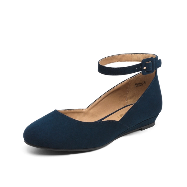 Comfortable Ankle Strap Low Wedge Flats - PEACOCK BLUE -  0
