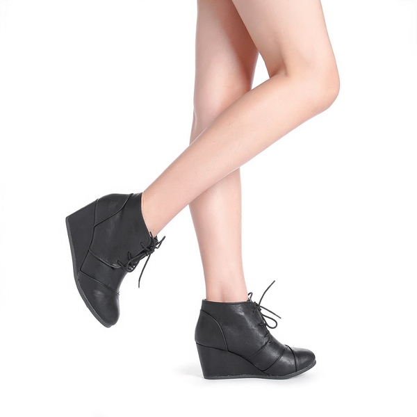 Lace Up Low Wedge Heel Ankle Boots - BLACK PU - 2