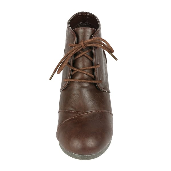 Lace Up Low Wedge Heel Ankle Boots - BROWN PU - 4
