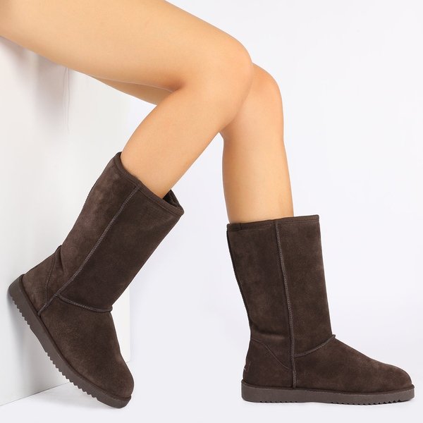 [FuzzyClassic High Boot] Suede Faux Fur Snow Boots - BROWN - 2