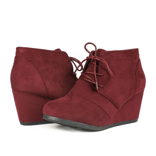 Lace Up Low Wedge Heel Ankle Boots - BURGUNDY - 6