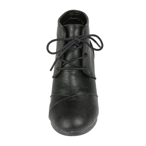 Lace Up Low Wedge Heel Ankle Boots - BLACK PU - 4