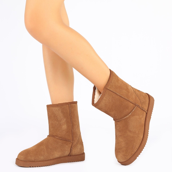 [FuzzyClassic Mid Boot] Suede Mid Calf Snow Boots - CHESNUT - 1