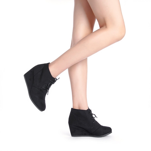 Lace Up Low Wedge Heel Ankle Boots - BLACK - 2
