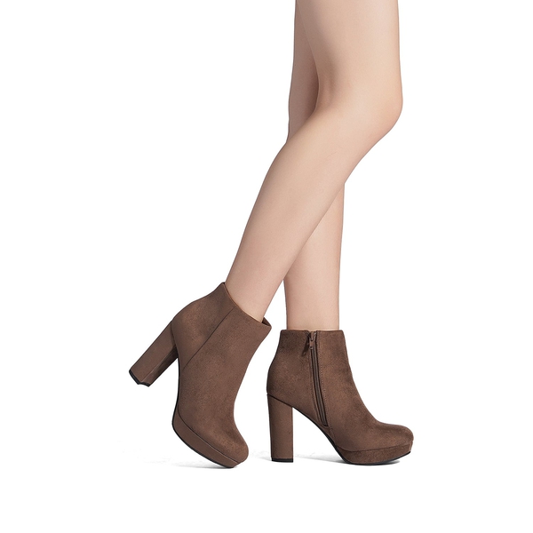 Round-Toe High Heel Chunky Ankle Boots - KHAKI - 1