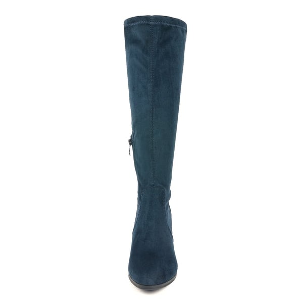 Round-Toe Chunky Heel Knee High Boots - DARK BLUE - 4
