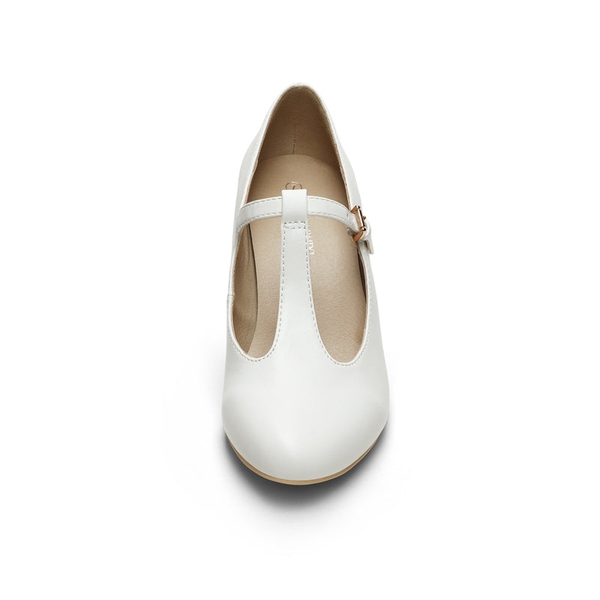 T-Strap Mary Jane Pumps with Chunky Heel - WHITE PU - 2