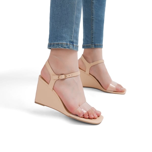 Square Toe Slingback Wedge Sandals - NUDE CLEAR - 1