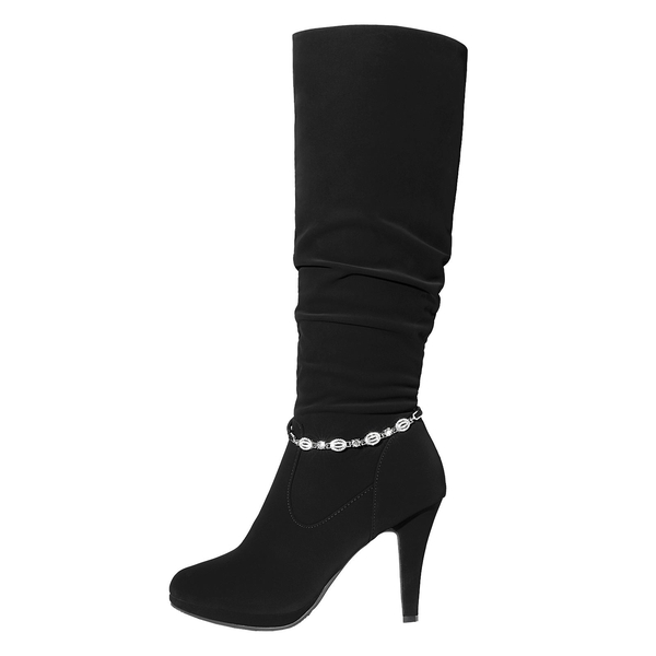 Women's Knee-High Platform Heeled Boots - BLACK NUBUCK - 3