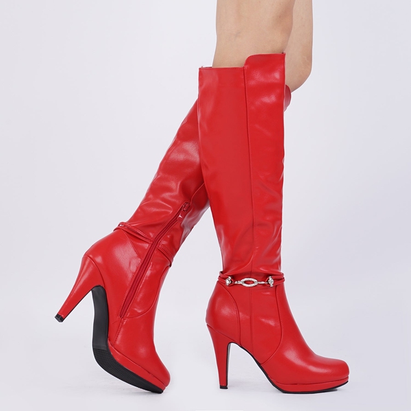 High Heel Knee High Boots - RED PU - 1