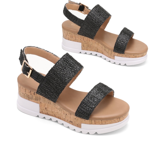 Ankle Strap Casual Platform Sandals - BLACK RAFFIA - 3