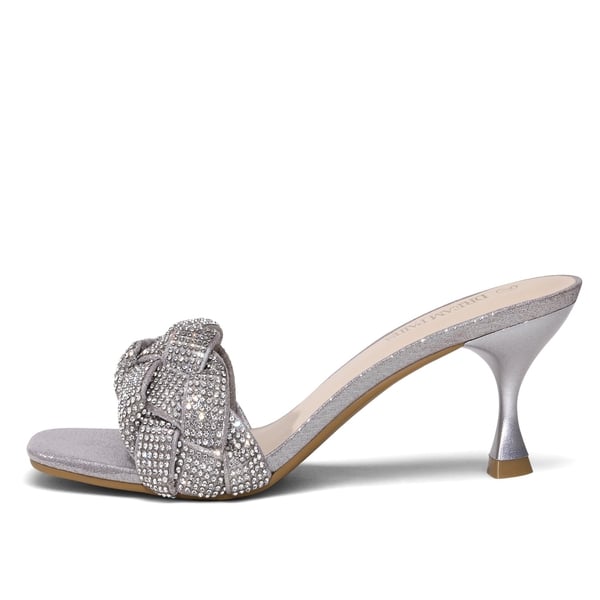 Rhinestone Open Toe Kitten Heel Mule Sandals - SILVER RHINESTONE - 1