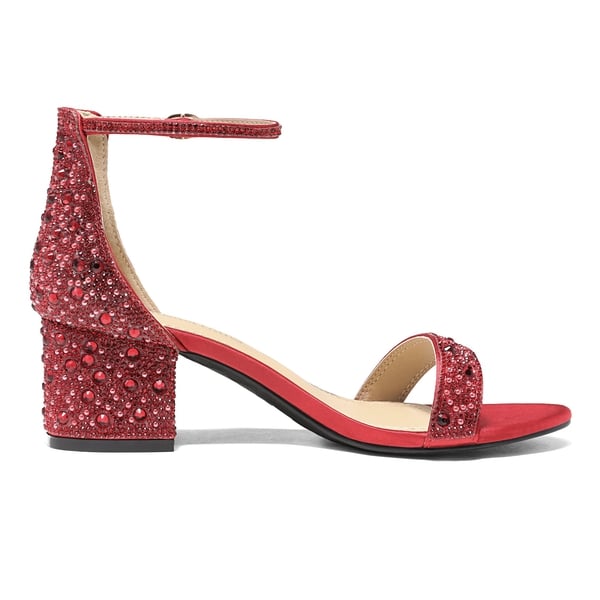 Rhinestone Low Chunky Heel Sandals - RED RHINESTONE - 3