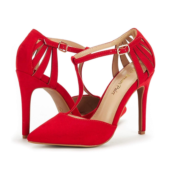 Strappy High Heel Pump Shoes - RED SUEDE - 3