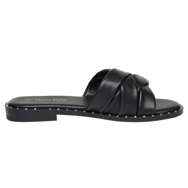 Studded Flat Slide Sandals - BLACK PU - 1