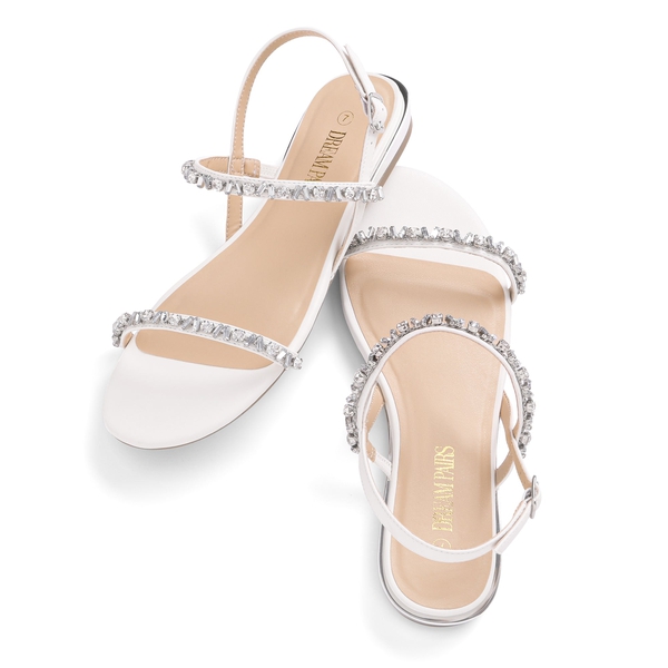 Rhinestone Flat Sandals - WHITE PU - 3