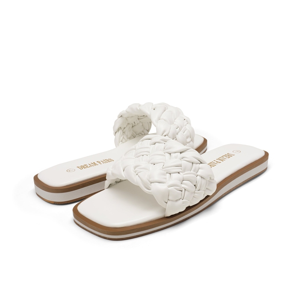 Open Toe Slide Flat Sandals - WHITE WEAVE - 3