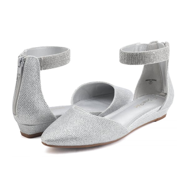 Wedge Ankle Strap Flats Shoes - SILVER GLITTER - 4