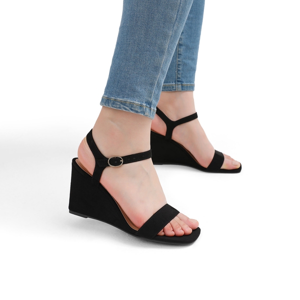 Square Toe Slingback Wedge Sandals - BLACK SUEDE - 2