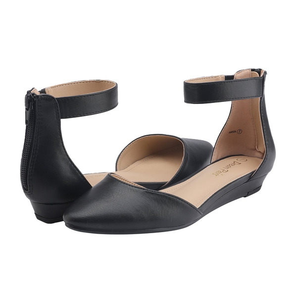 Amiga Ankle Strap Flats Shoes - BLACK PU - 4