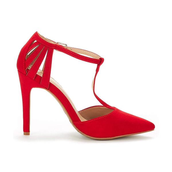 Strappy High Heel Pump Shoes - RED SUEDE - 1