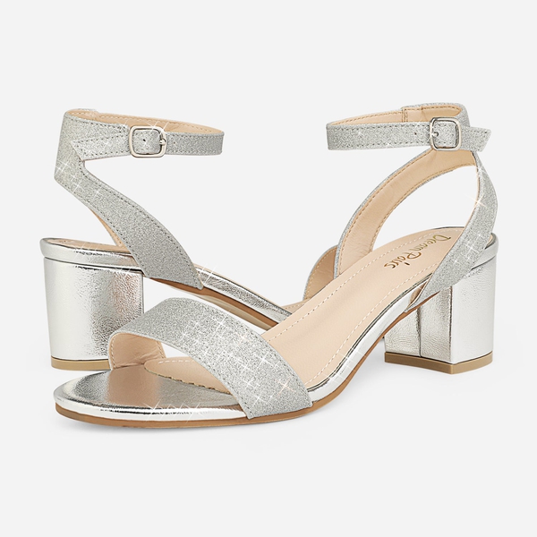 Chunky Block Heel Sandals - SILVER GLITTER - 5
