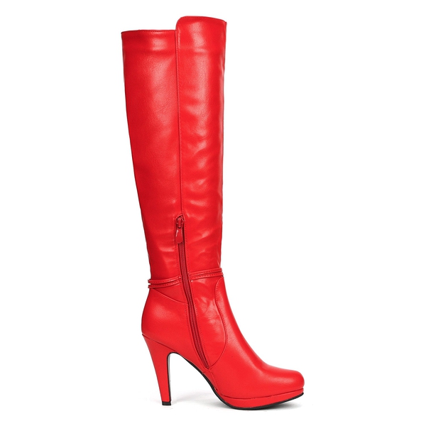 High Heel Knee High Boots - RED PU - 4