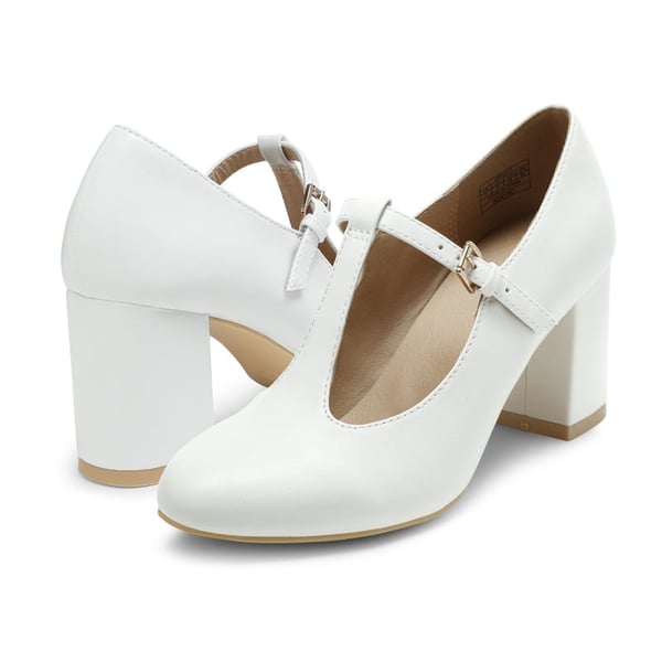 T-Strap Mary Jane Pumps with Chunky Heel - WHITE PU - 3
