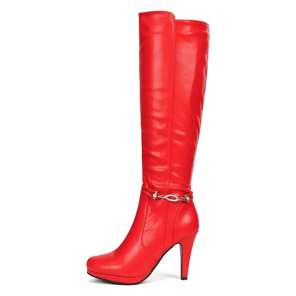High Heel Knee High Boots - RED PU - 3