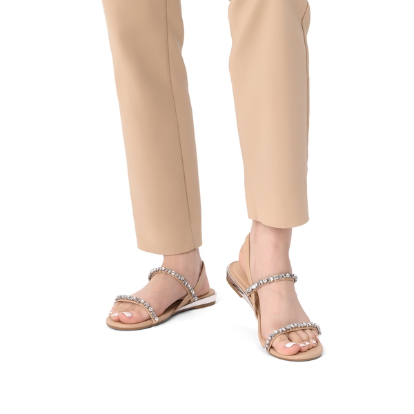 Rhinestone Flat Sandals - NUDE PU - 2