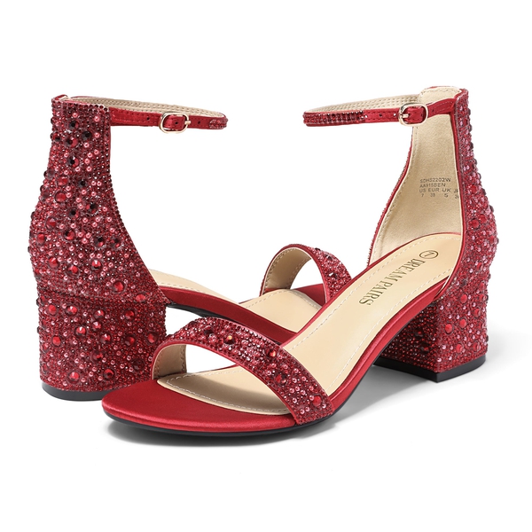 Rhinestone Low Chunky Heel Sandals - RED RHINESTONE - 5