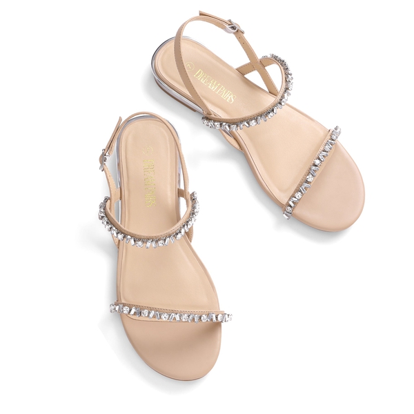 Rhinestone Flat Sandals - NUDE PU - 4