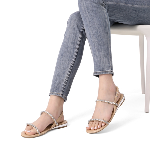 Rhinestone Flat Sandals - NUDE PU - 1