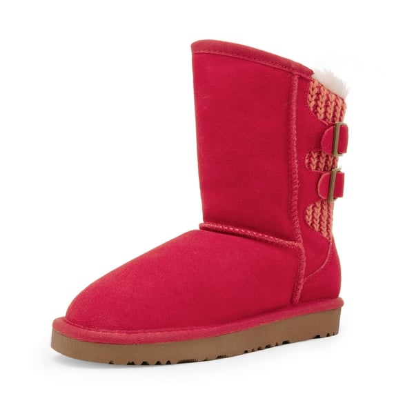 [FuzzyChic Kid's Buckle] Kids Fur Lined Suede Non Slip Winter Boots - RED -  0